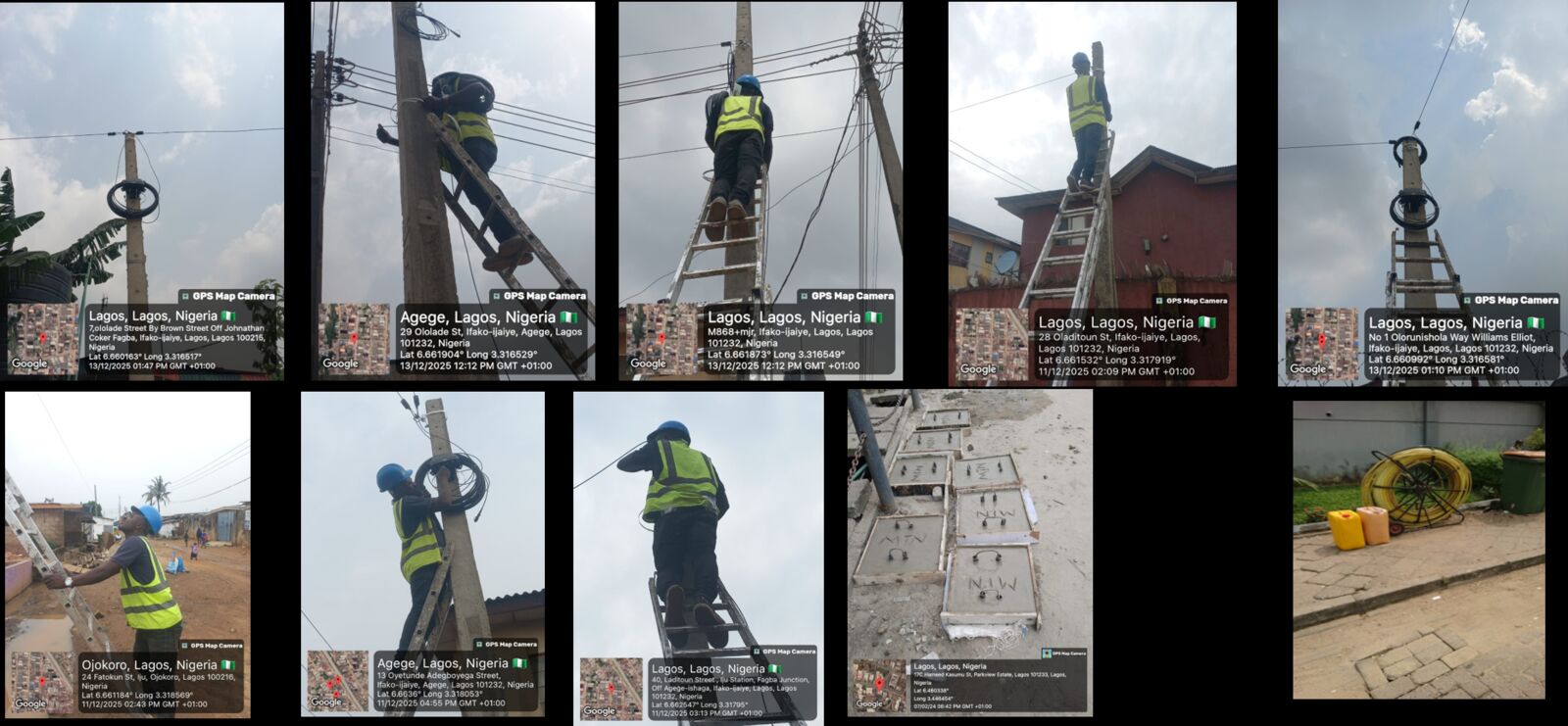 Negrolinksnet technicians installing aerial fiber cable on poles in Lagos